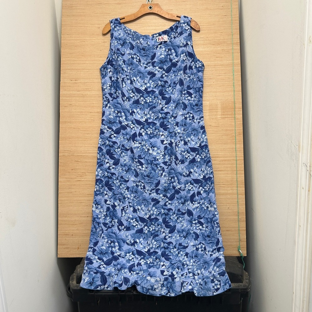 RK Originals Blue Floral Sleeveless Ruffle Hem Midi Sheath Dress Sz 12 - Picture 1 of 8